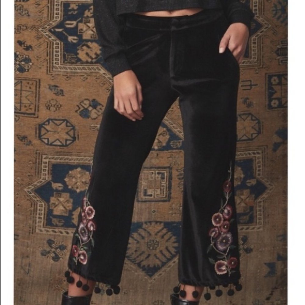 Tularosa black velvet cropped pants with embroidered floral details